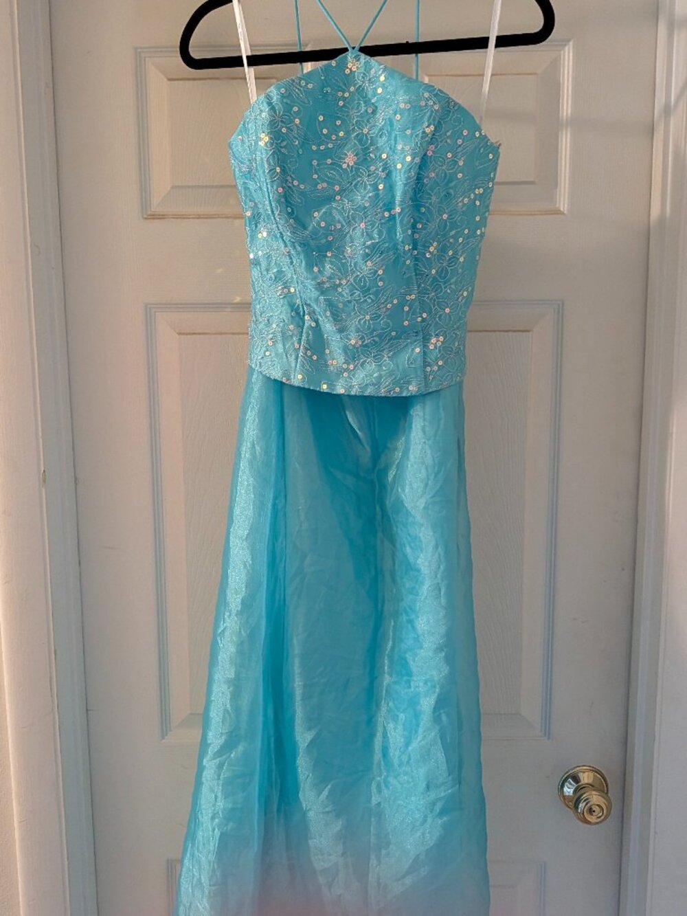 Blondie Nites by Jaslene 2-Piece Aqua Lace-Up Prom Dress Set 3/4